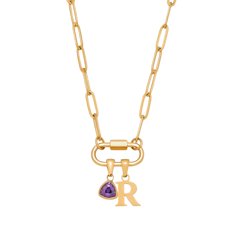 Carabiner Charm Lock Necklace With Initial & Birthstone